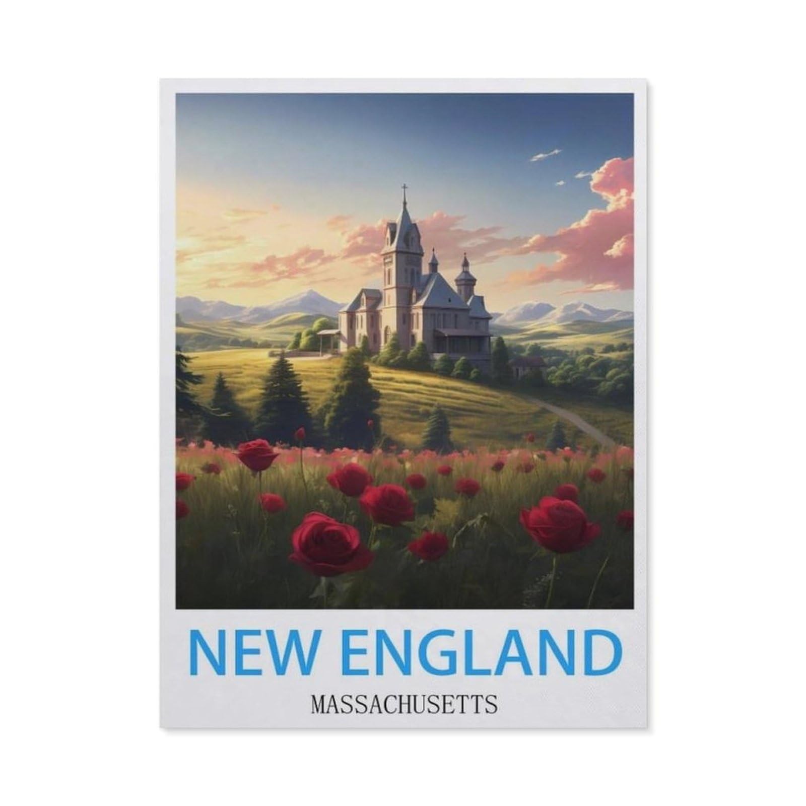 BEAYODKP DIY Diamond Painting，New England Massachusetts Vintage Travel Poster，Cross Stitch Full Drill 5D Embroidery Mosaic Wall Decor Art（30 x 40 cm/11.81 x 15.74 inches）-BV95