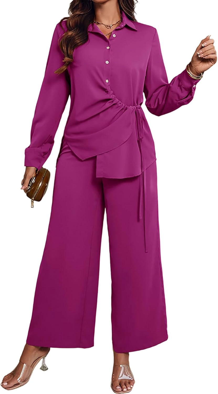 CHICME Women's 2 Piece Outfit Long Sleeve Drawstring Slit Asymmetrical Hem Top and Elastic Back Waist Wide Leg Pants Set