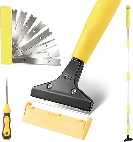 Miniatura 13 de Rascador de piso de hoja de afeitar de 4 pulgadas con mango largo, rascador de piso ajustable de 61 pulgadas, resistente con 10 cuchillas de metal