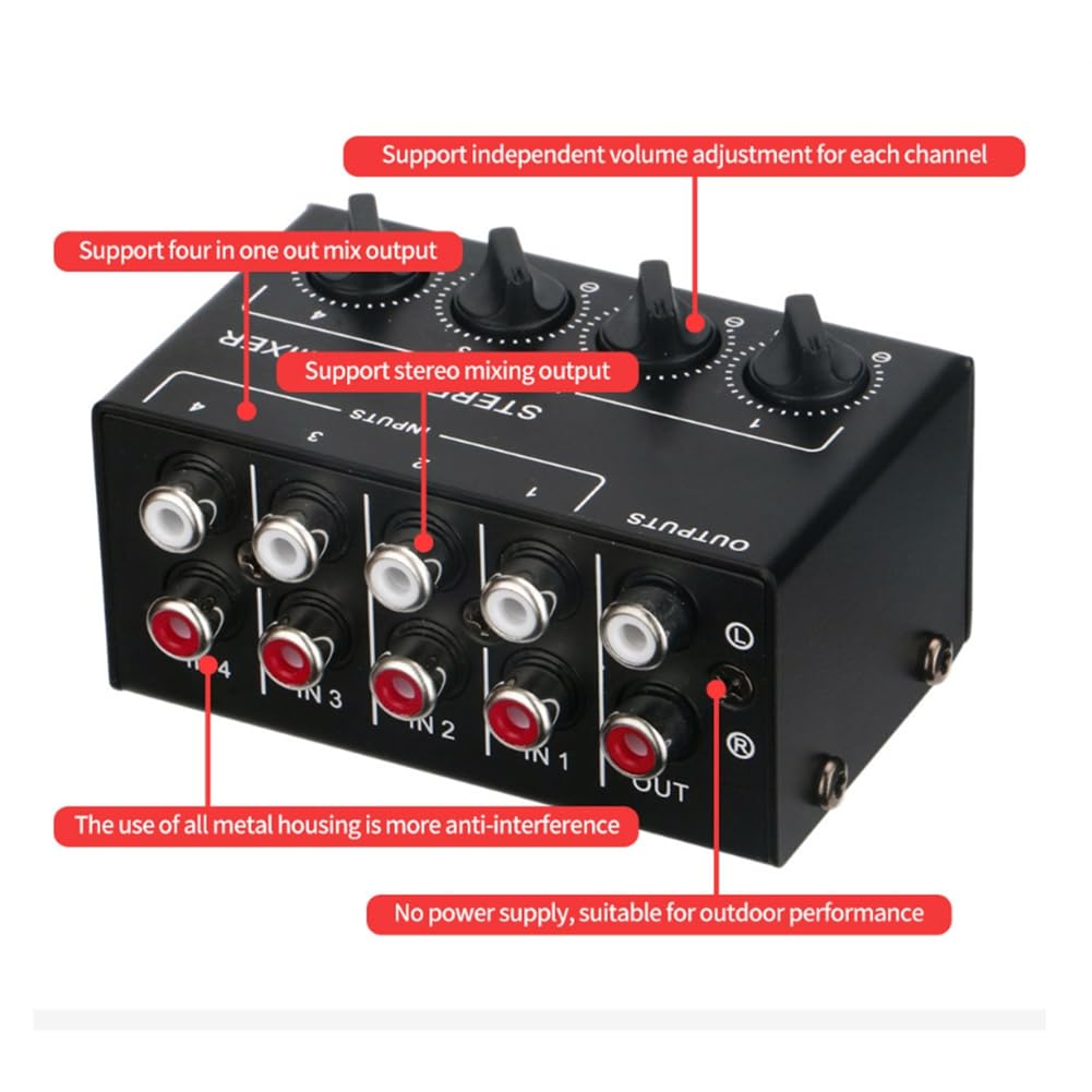 Mini Mezclador Pasivo de 4 Canales Instrumento Musical Compacto Reproductor de CD Mezclador Concentrador Estéreo para Computadora