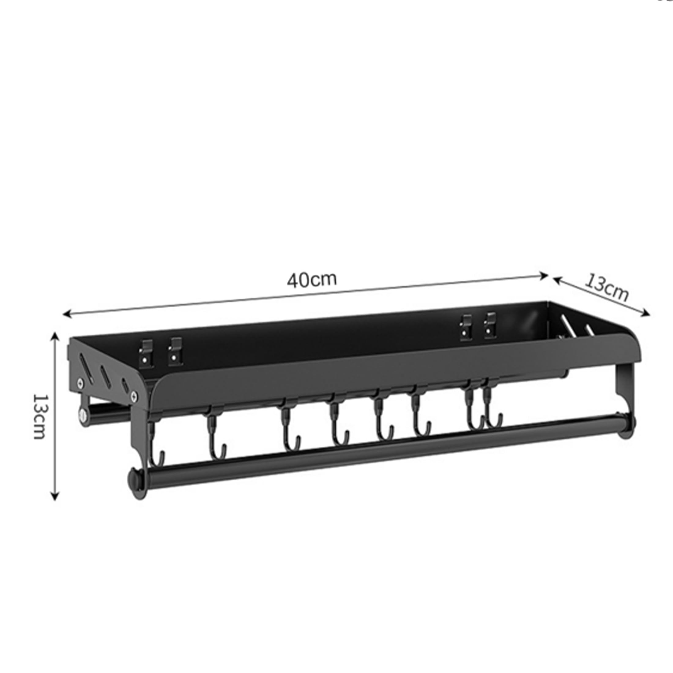 Gewürzregale Wand, Gewürzregal mit Küchenrollenhalter und 8 Haken, 40cm Gewürzregal Hängend, Küchenregal Ohne Bohren aus Edelstahl, Küchen Gewürzregale für Küchen und Bad Organizer, Schwarz(R05)