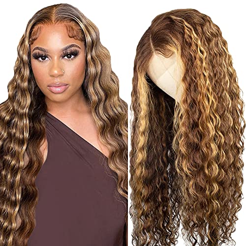 20 Inch Highlight Lace Front Wigs Human Hair Deep Wave P4/27 Colored Brown to Honey Blonde Glueless Wigs Pre Plucked 5x5 Transparent Deep Curly Wave Lace Wig Honey Blonde Real Human Hair 130% Density