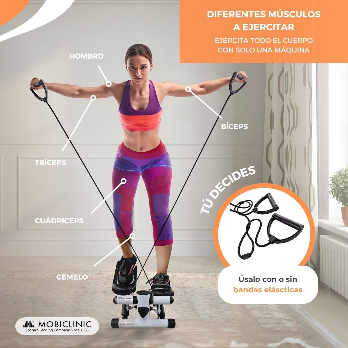 Mobiclinic® Fitness, Stepper, 2 en 1, Step Plus, Cuerdas de Resistencia, Multifunción, Brazos y piernas, Pantalla LCD, Carga 100 kg, Compacto, Gym casa, Altura Ajustable