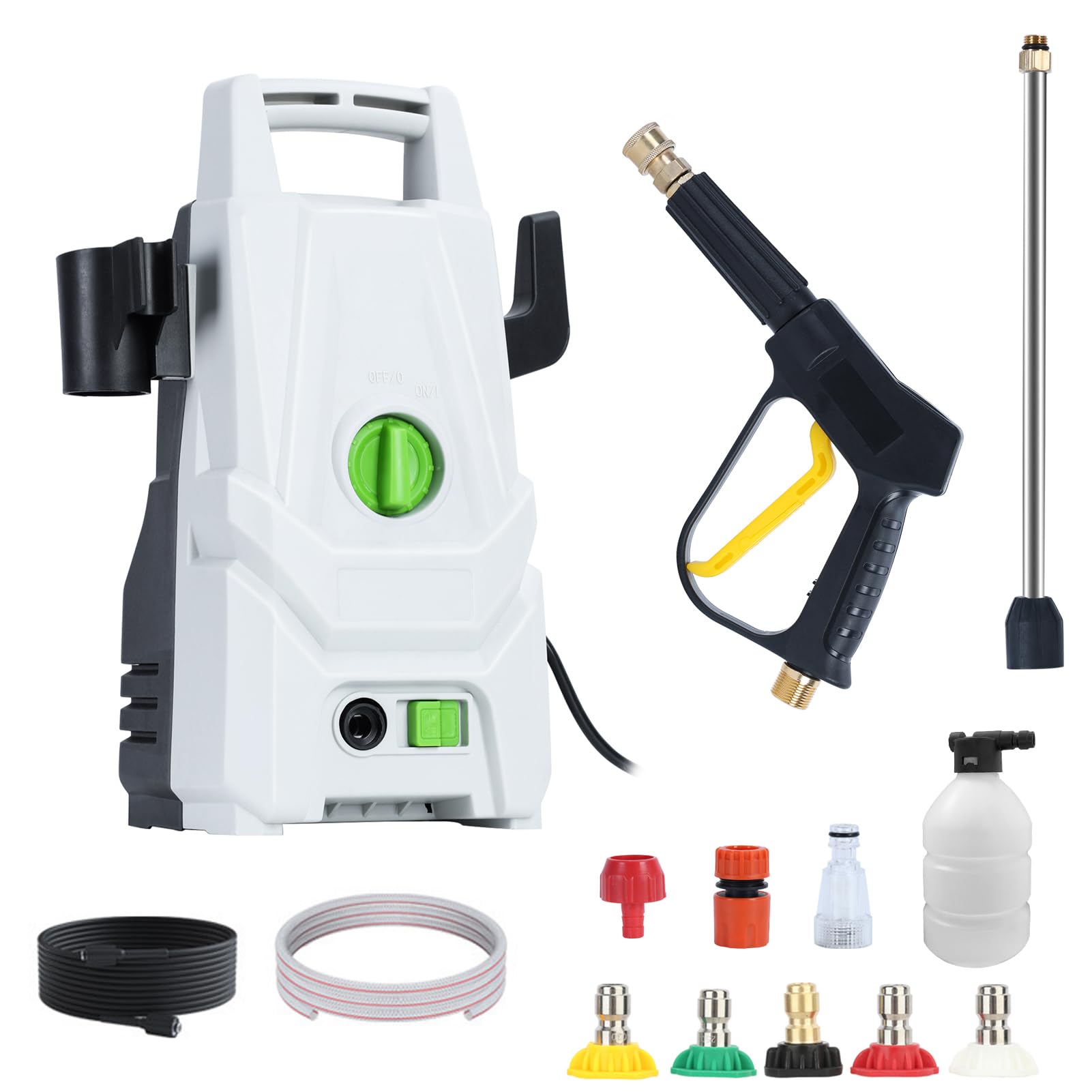 Hidrolimpiadora portátil presión máx 100 Bar, caudal 480 l/h, Rendimiento 25 m²/h, Filtro Agua Integrado, Pistola Alta presión, Lanza pulverizadora, Manguera Larga, Motor 1400W (Blanco)