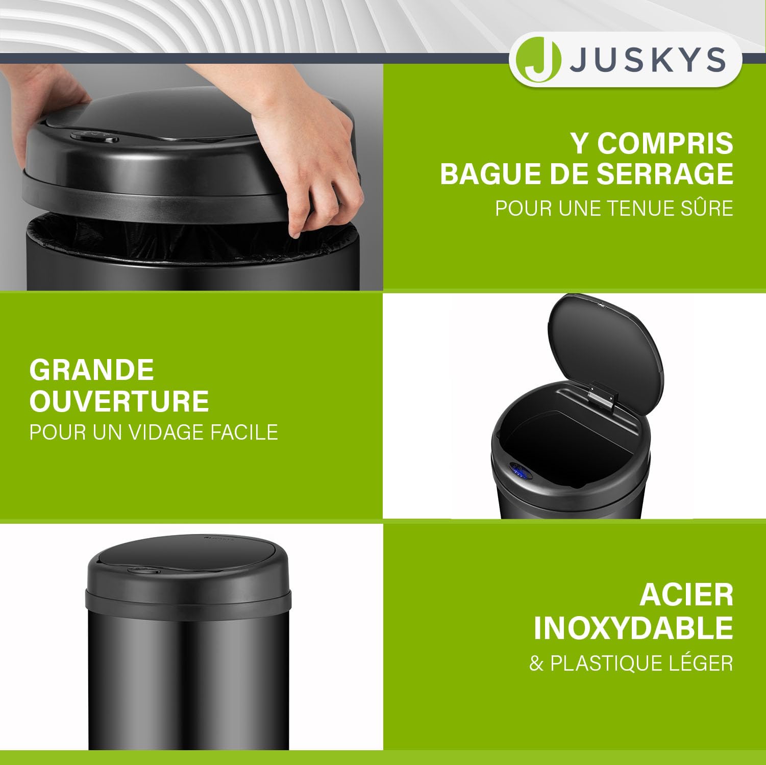 Juskys poubelle automatique avec capteur de 30 L - poubelle électrique, détecteur de mouvement, couvercle automatique, étanche, bague de serrage, cuisine - noir