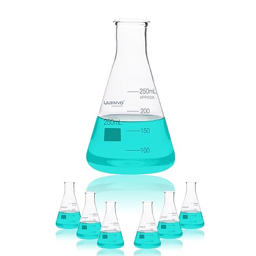 LABINVO Frasco Erlenmeyer de vidrio de 8.5 fl oz, frasco cónico graduado de boca estrecha con punto de marcado, 6 piezas de 3.3 frascos de vidrio de