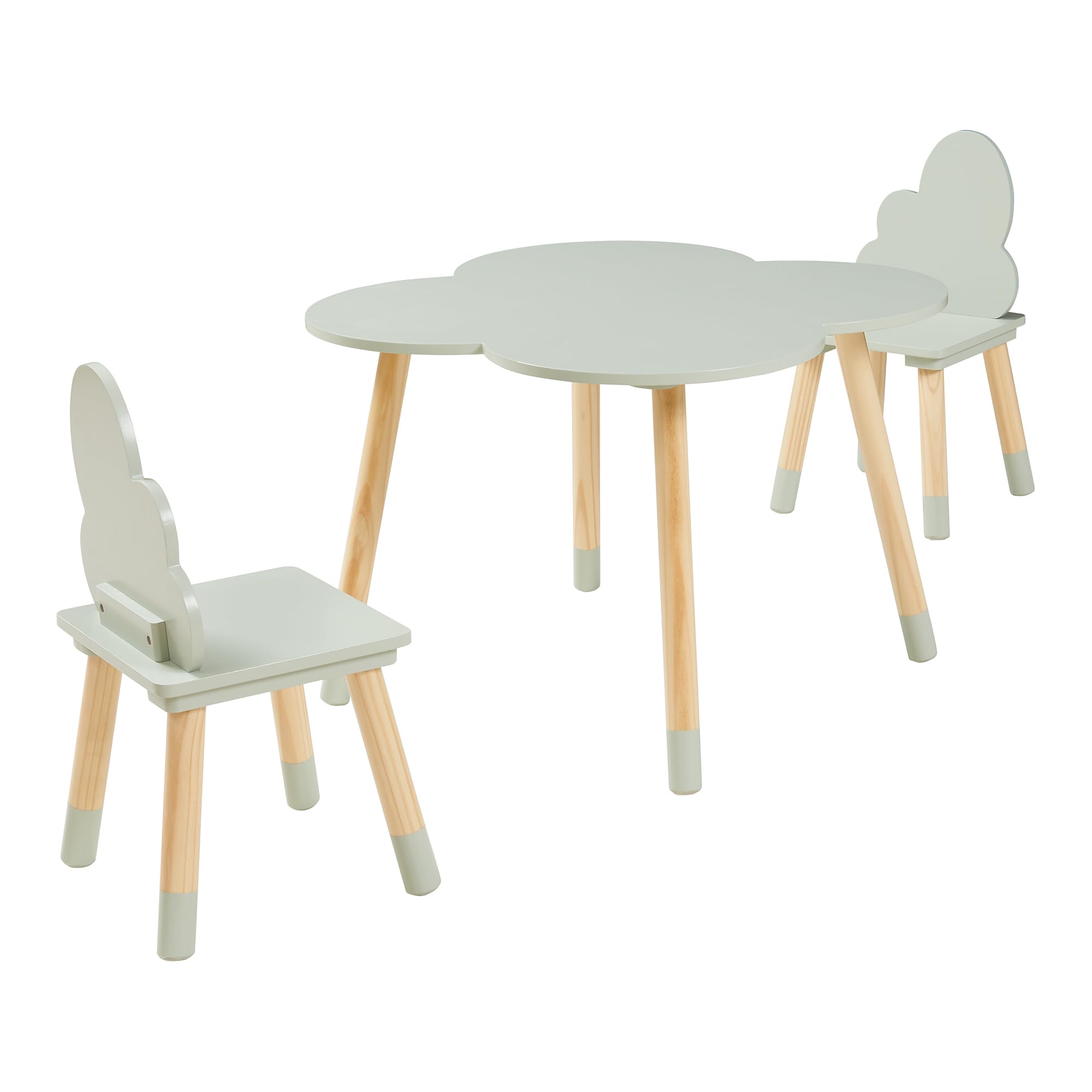 [en.casa] Set di 3 Mobili per Cameretta Tavolino e 2 Sedie con Schienale Tavolo a Forma di Nuvola a Misura di Bimbi per Area Gioco Bambini - Verde Menta/Naturale