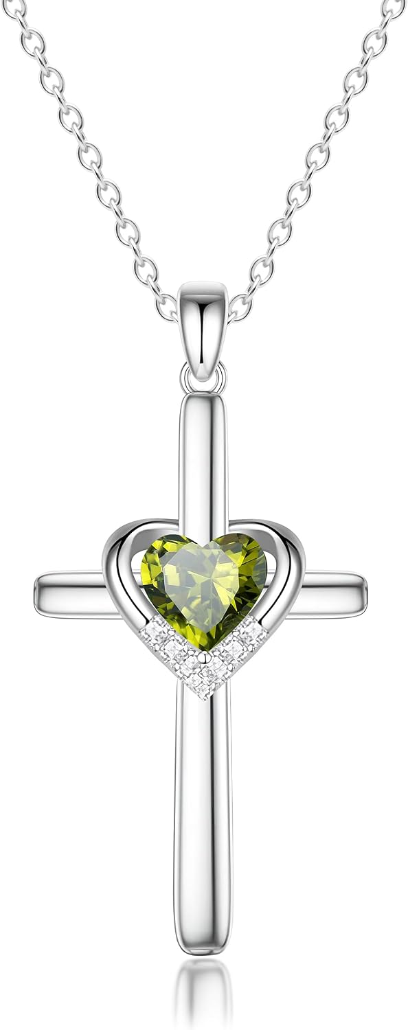 Cross Necklace with Genuine Heart Birthstone for Women, Love and Faith, Birthday Gifts for Her