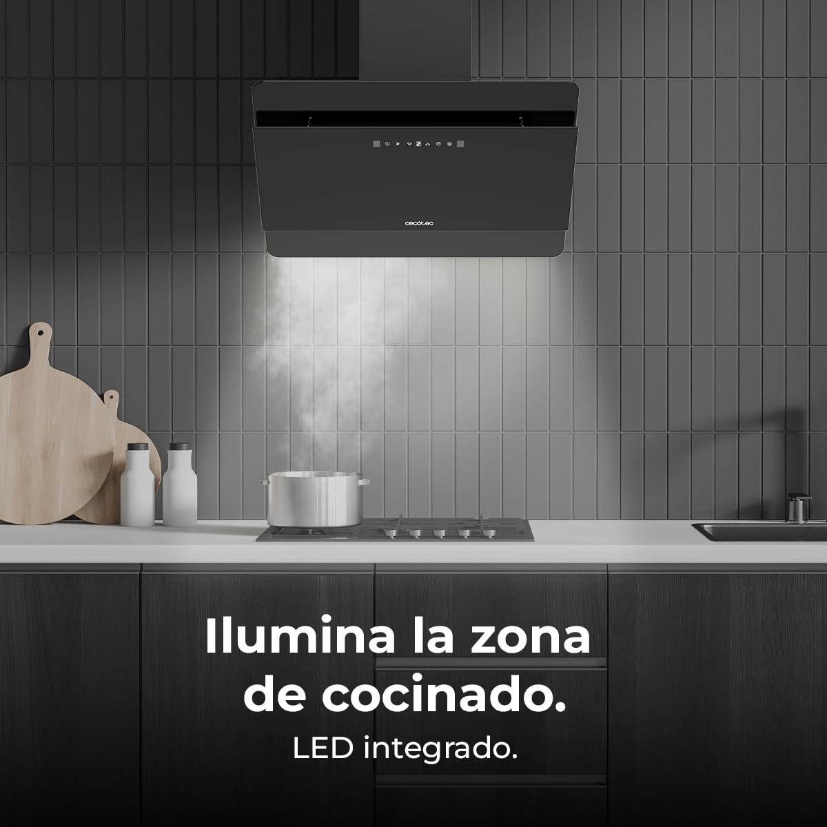 Cecotec Dunstabzugshaube Dekorativ 60 cm - Bolero Flux DT 608000 Glass Black A++. Motor 210W, niedriger Energieverbrauch, Saugkraft 800 m³/h, Touch-Control, 3 Stufen + Booster, Handbewegungssteuerung