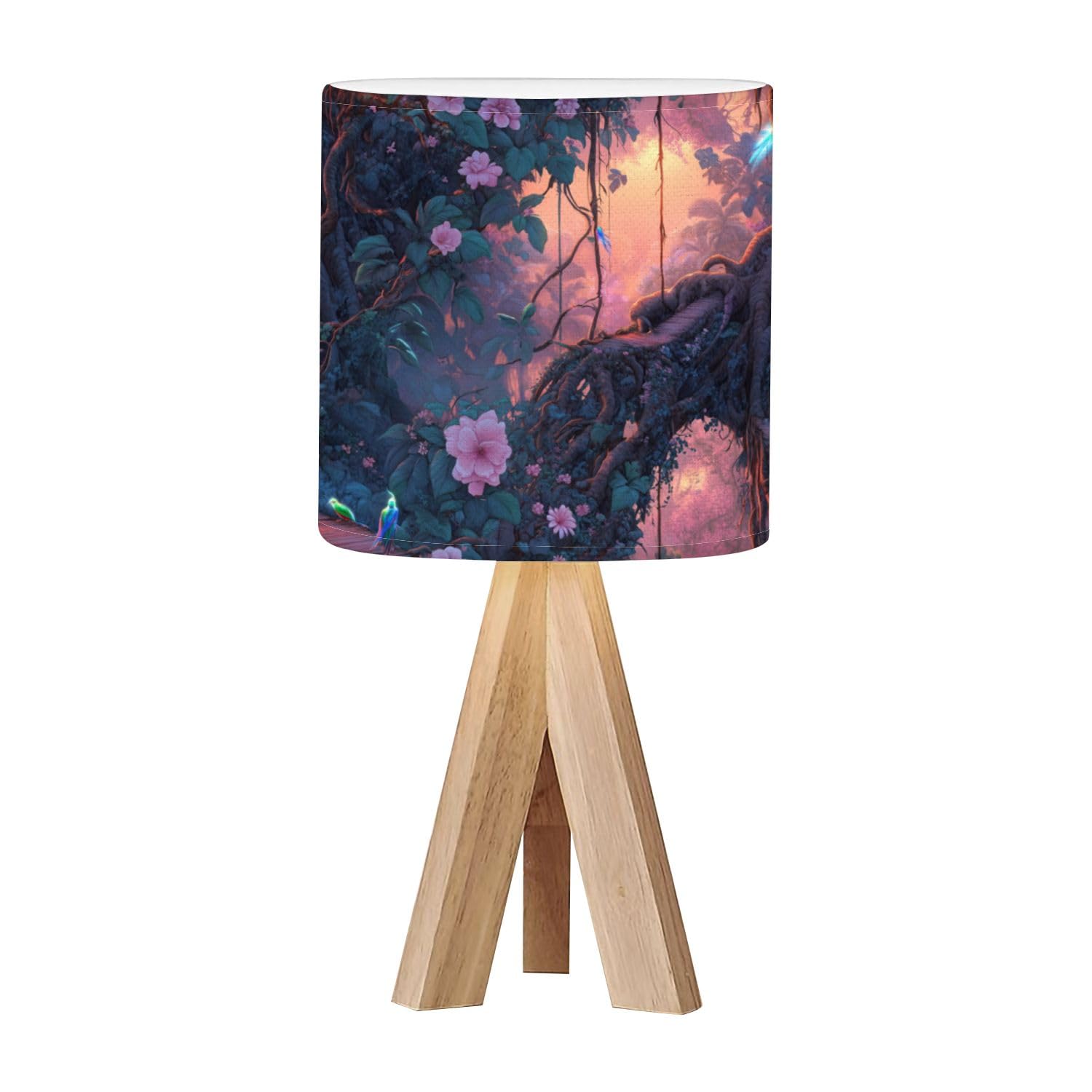 Tripod Bedside Desk Table Lamp Pastel Jungle Illustration Dawn Exotic Flora Fauna Wood Nightstand Lamp with Linen Fabric Shade for Nursery Bedroom Living Room Kids Room