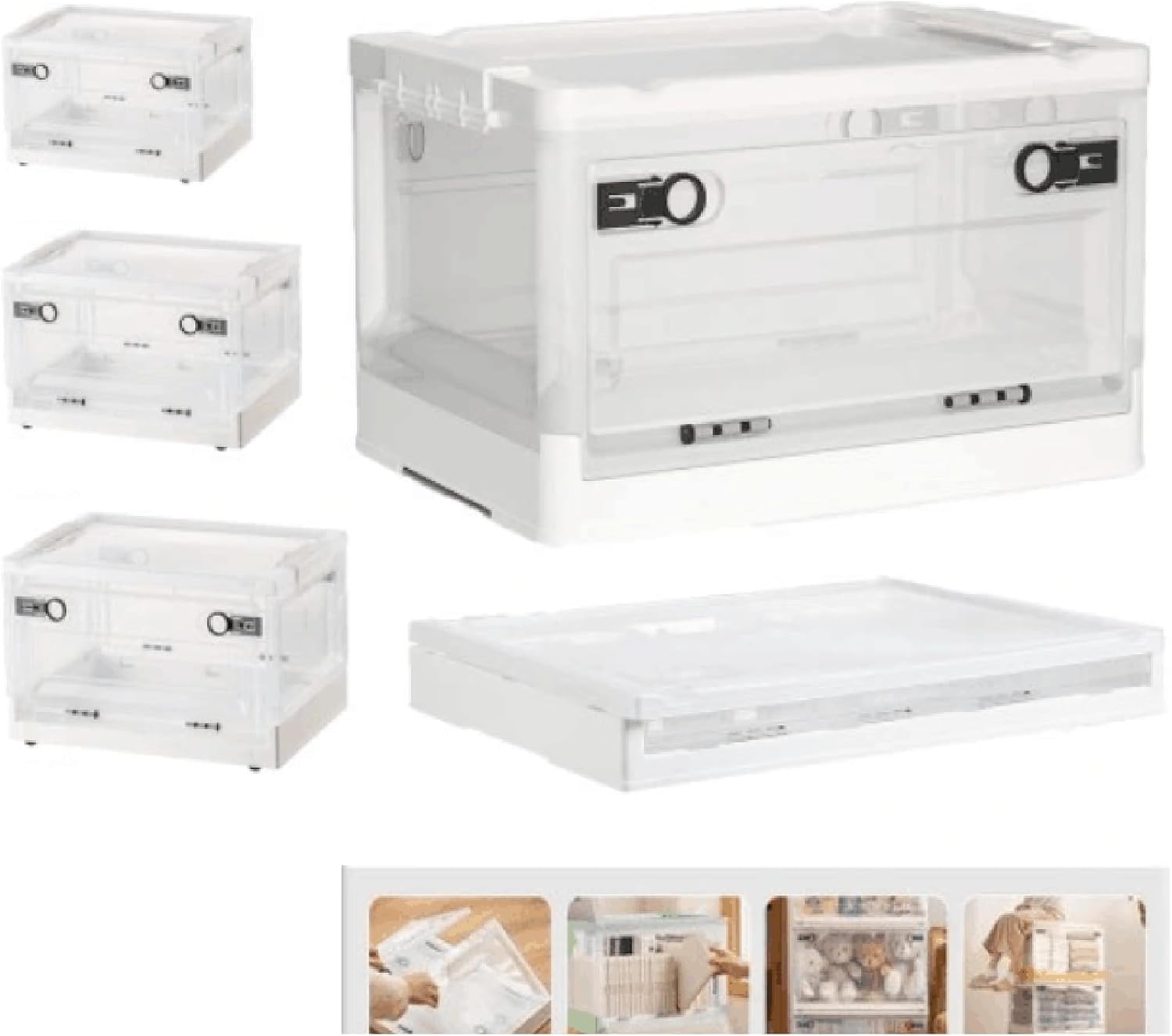 Hooha 56L Aufbewahrungsbox, Plastik Storage Box, faltbare,Transparent Mit Deckel Dreiseitige Offene,Platzsparend, für Kann Snacks/Kleidung/Spielzeug/Bücher Aufbewahren/Schlafzimmer/Küche/Wohnzimmer
