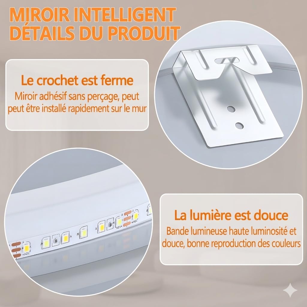 Miroir Salle de Bain Rond LED 60 cm - Anti-Buée, Interrupteur Tactile, Affichage Heure et Température - Miroir Mural Lumineux en Verre Trempé pour Maquillage et Vasque