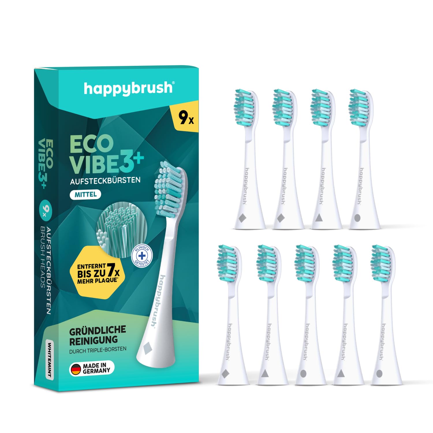 happybrush® Nachhaltige Aufsteckbürsten für elektrische Schall-Zahnbürste Eco VIBE 3 - Weiß/Mint - 9 Stück