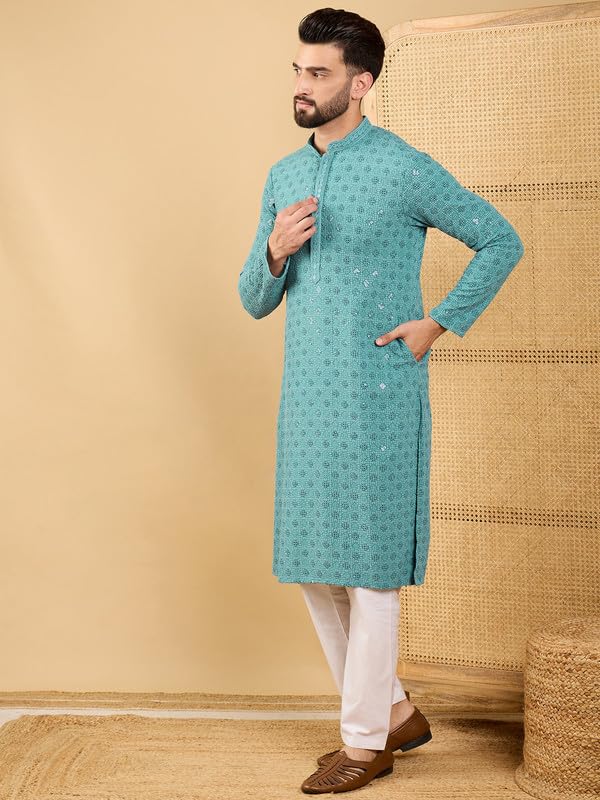 Image of Men's Solid Embroidered Long Straight Kurta | Men's Kurta | Embroidered Chikankari Kurta for Men | Straight Fit Kurta for Men
