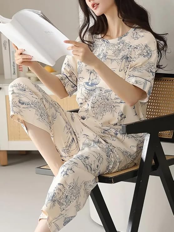 Image of LUXERUDRA Women's Pajama Set, Soft Breathable Korean Style Nightsuit with Top & Full Pants, Lightweight Loose Fit Nightwear & Loungewear for Girls & Women.