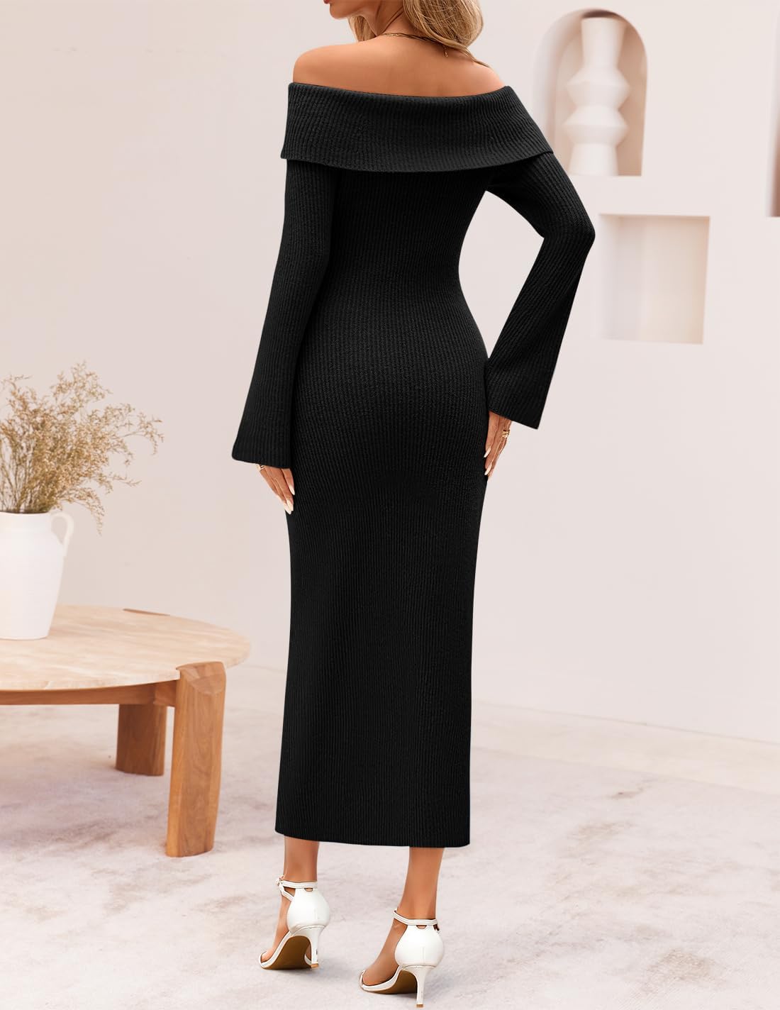 ZESICA Women's Fall Off Shoulder Sweater Dress 2025 Bell Long Sleeve Ribbed Knit Bodycon Formal Maxi Dresses - Image 3
