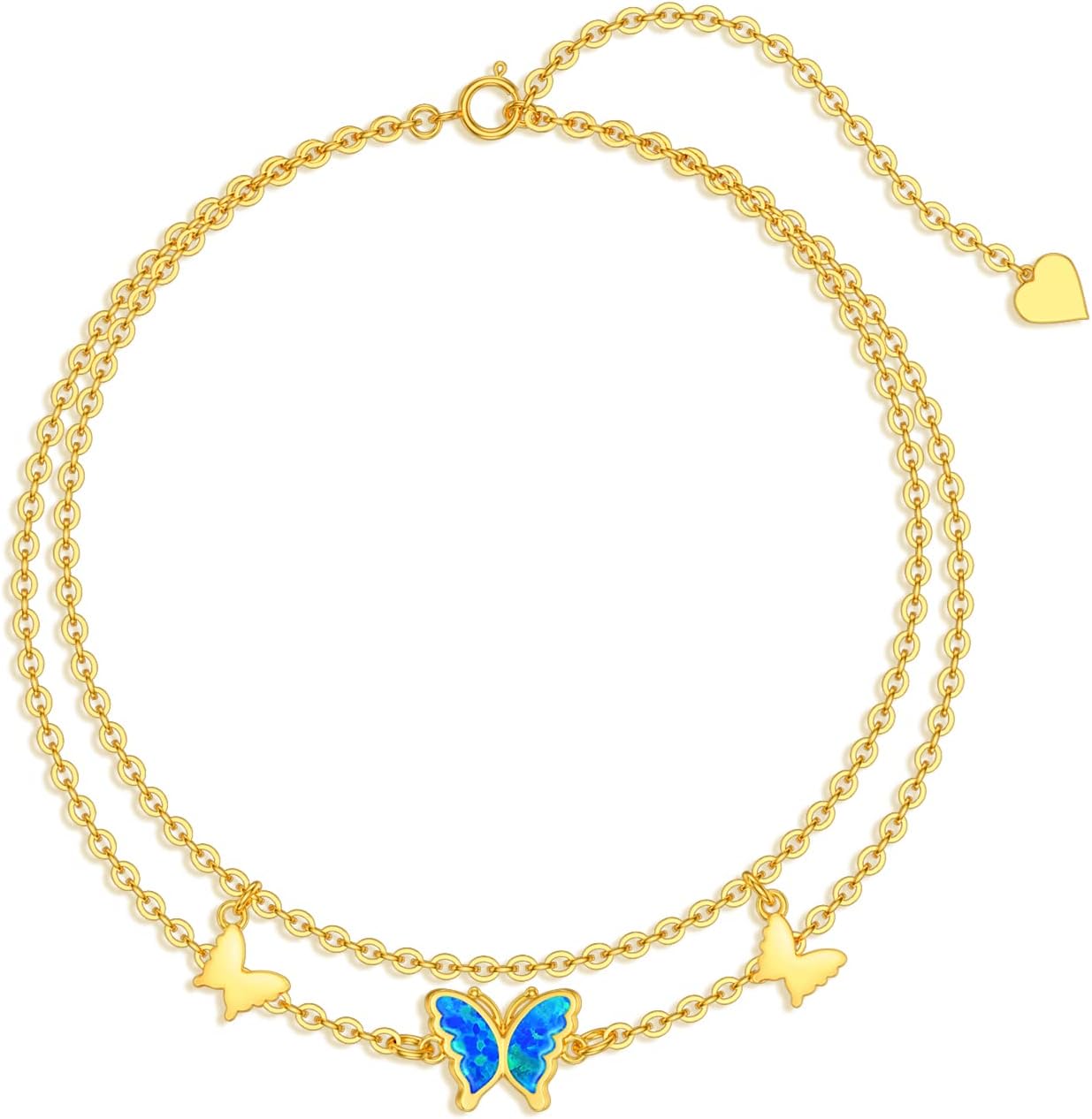 14K Real Gold Butterfly Anklets for Women Girls,Solid Gold Blue Opal Butterfly Ankle Bracelet Layered Foot Anklet Sea Beach Jewelry Gifts for Mothers Day Birthday 7.5/8+2 inch