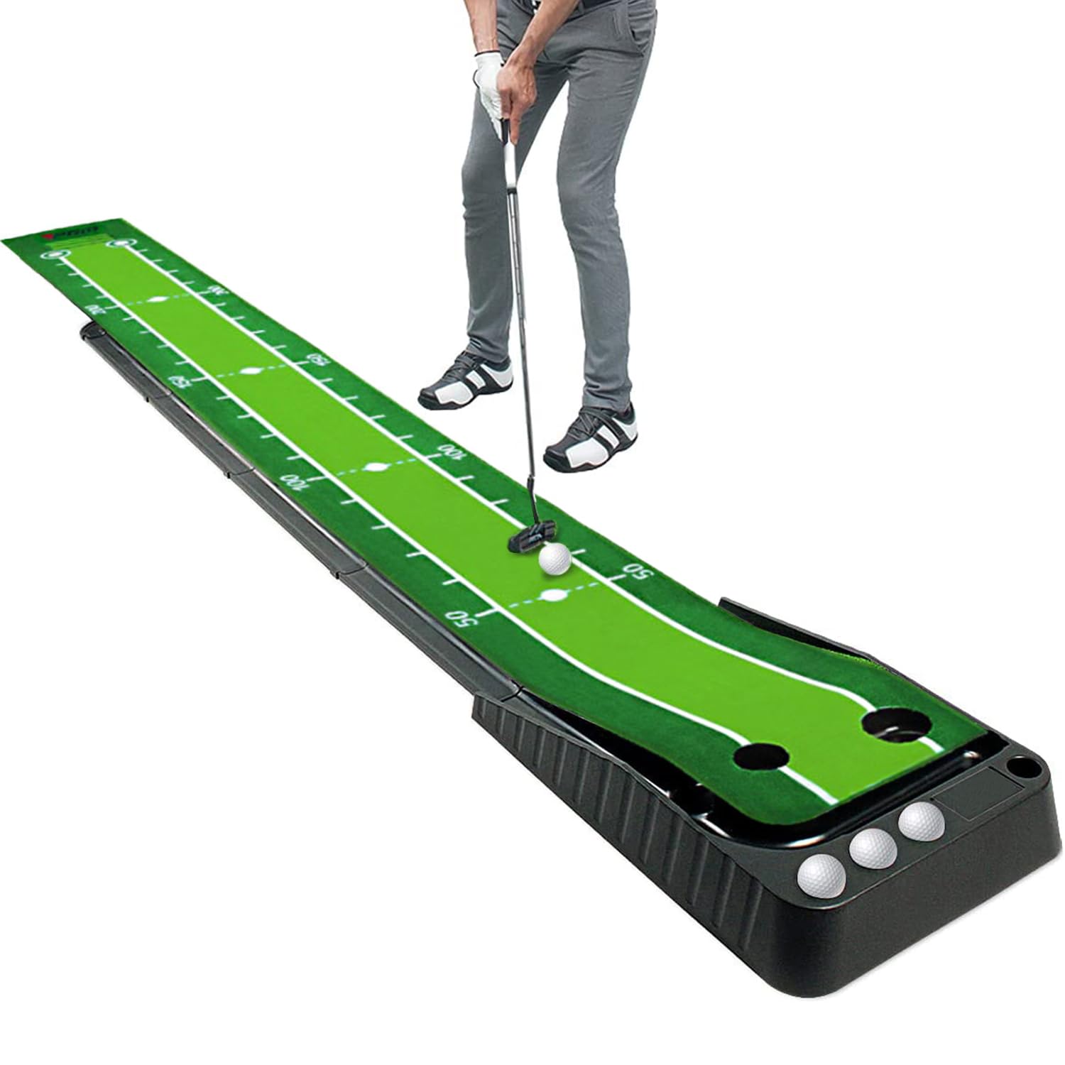 Asgens Golf Putting Green, Indoor/Outdoor Golf Auto Return Putting Mat, Dual-Track ProEdge Indoor Putting Trainer - Extra Long 9.8 Feet Mat, 2 Holes / 2 Sizes, Gravity Ball Return, 3 Bonus Balls