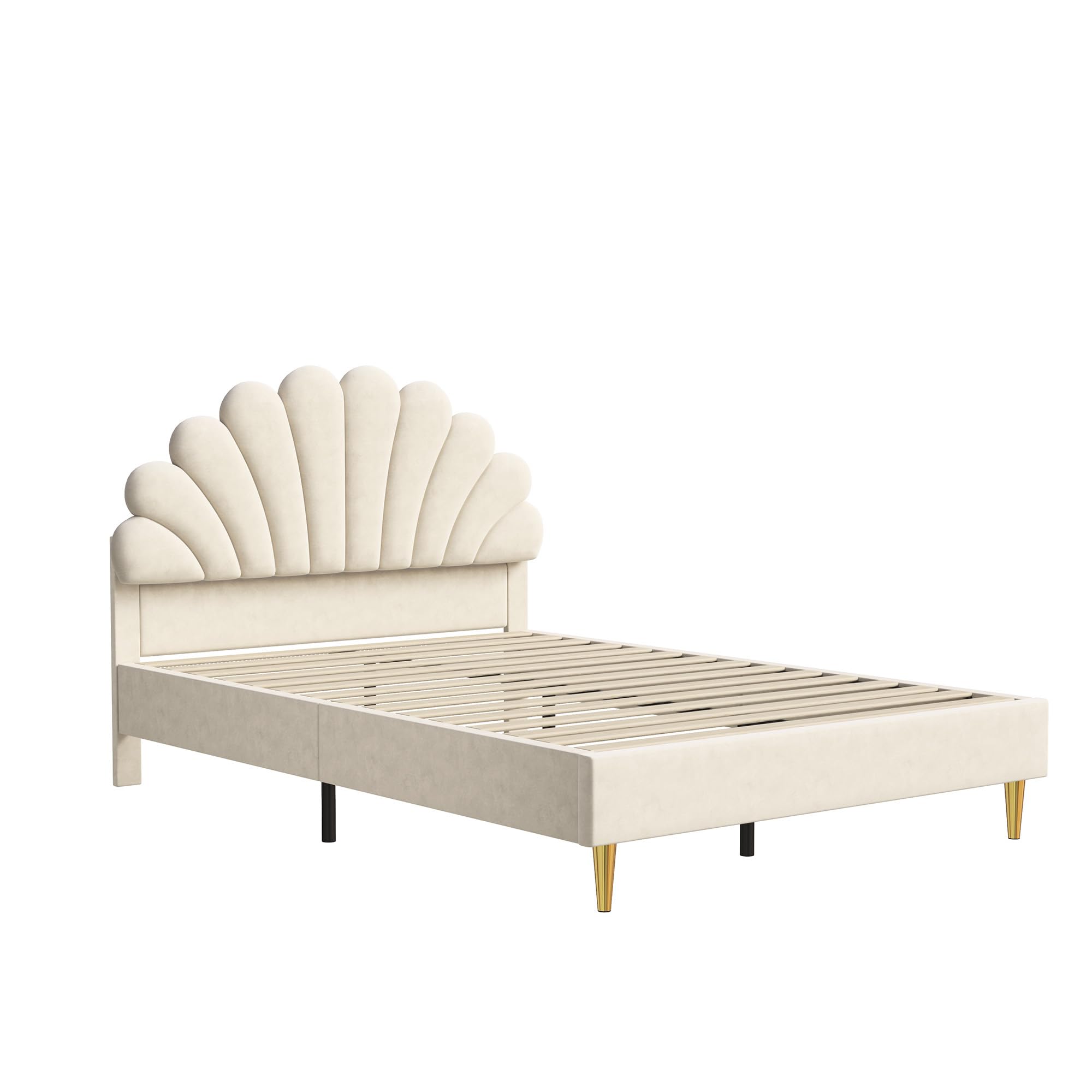 Lit Enfant Rembourré 140x200 cm,Lit Double Fille avec Tête de lit en Forme de Coquillage,Cadre de Lits avec Sommier à Lattes pour Enfants & Adultes, Velours, Beige, sans Matelas