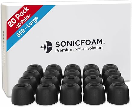 SF2 Large - Memory Foam Earbud Tips - 10 Pairs - Black | Fits Earbuds with Speaker Diameter 4.4-5.7mm, One Pair Lasts up to 4 weeks