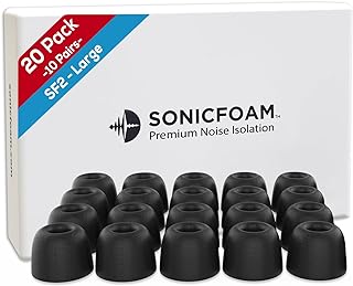 SONICFOAM Memory Foam Earbud Tips - Premium Noise Isolation, Replacement Foam Earphone Tips, 20 Pack for in Ear Headphone Earbuds (SF2 Large, Black)