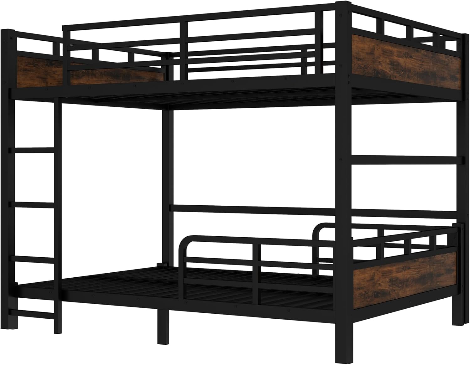 Bellemave Detachable Bunk Bed Queen Over Queen, Metal Bunk Bed with Guardrails, Queen Size Loft beds for Kids, Teens & Adults（Vintage Wood-Colored）