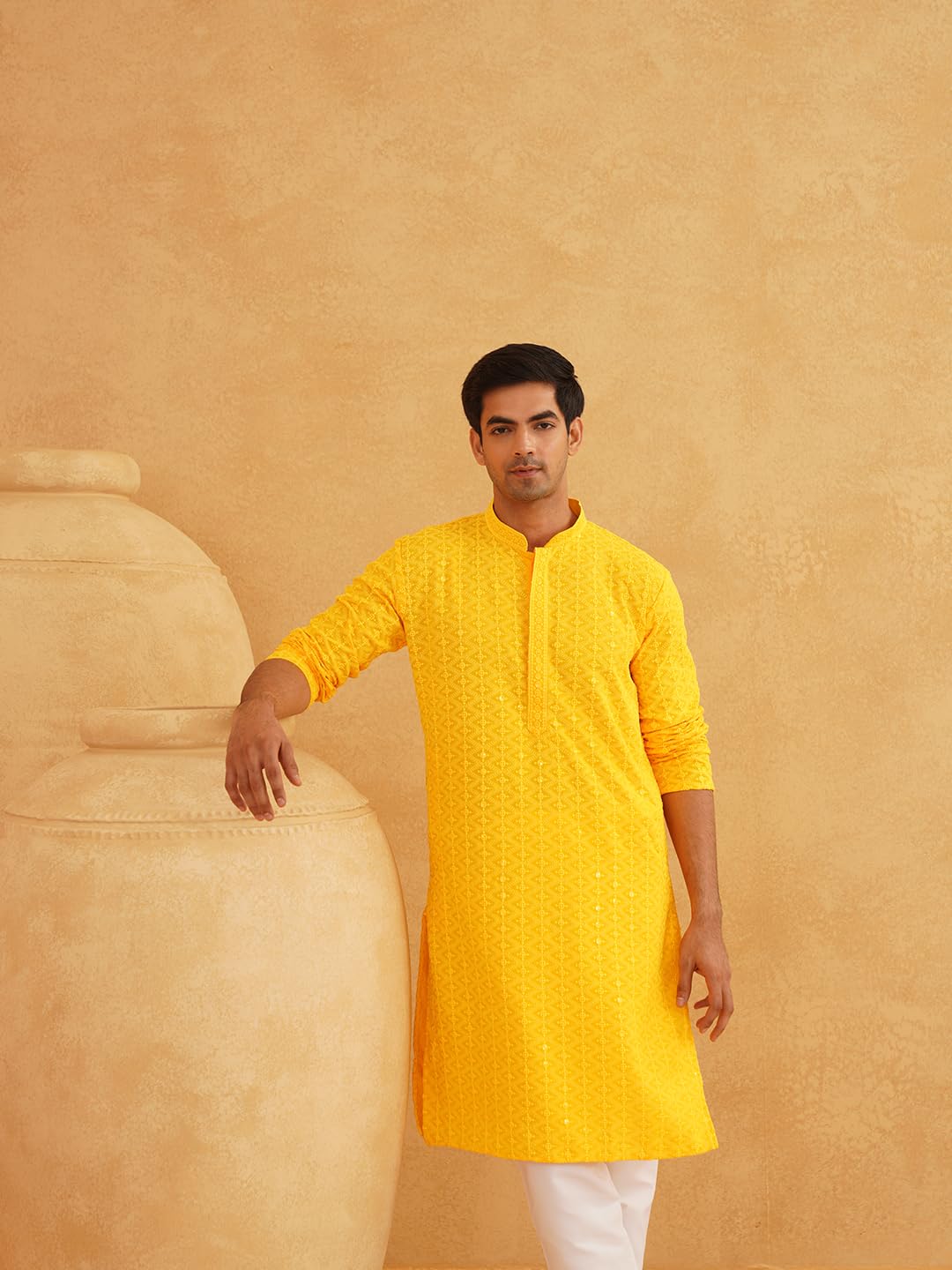 Sojanya (Since 1958 Men's Ethnic Motifs Embroidered Sequinned Mustard Cotton Long Kurta