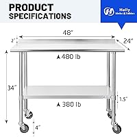 Vista 3 de Mesa de acero inoxidable para preparación y trabajo, con ruedas giratorias, mesa resistente, comercial NSF, con estante inferior y protector