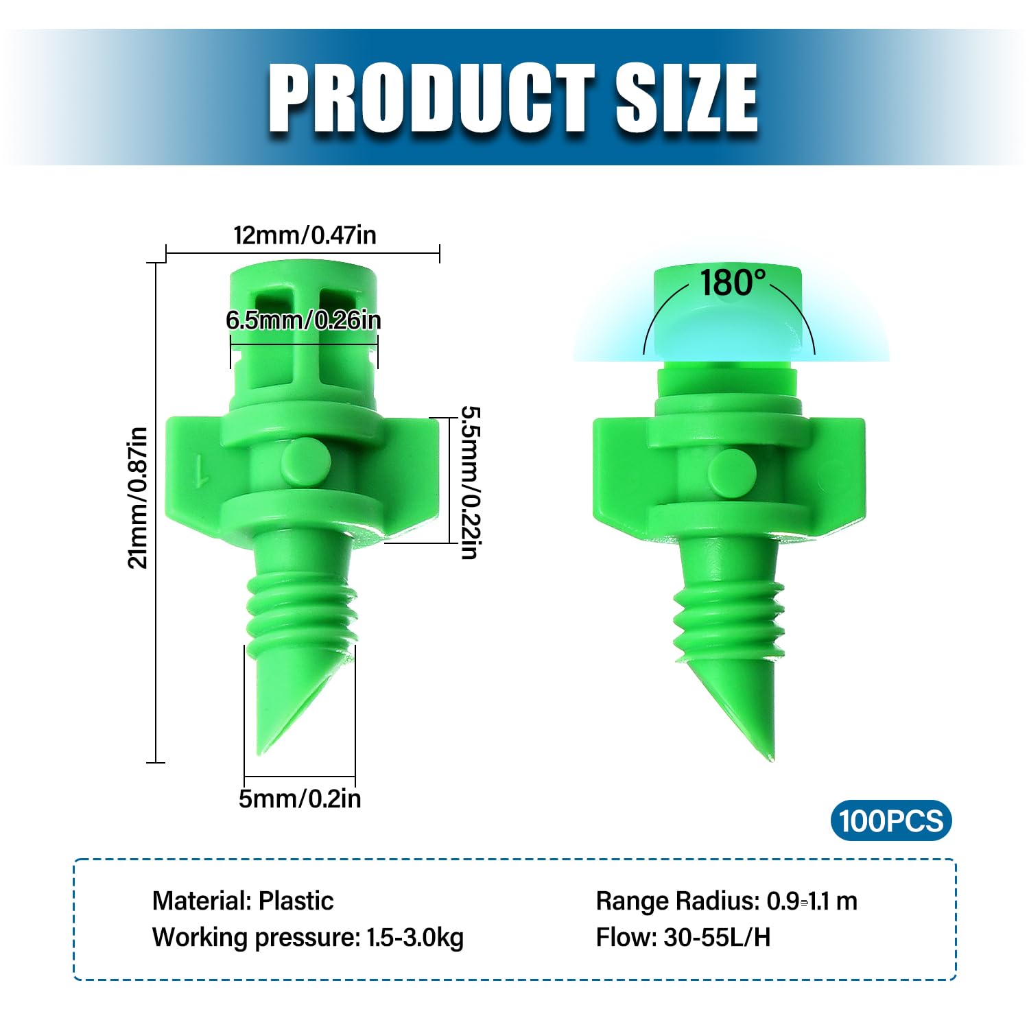 VooGenzek 100 Sztuk Mini Dysze Mikro Opryskiwacze, 180 Stopni Mikro Dysza Mgły Wodnej Zraszacz System Nawadniania, Zraszacz Ogrodowy Dysza Natryskowa, do Hydroponicznego Nawadniania Ogrodu