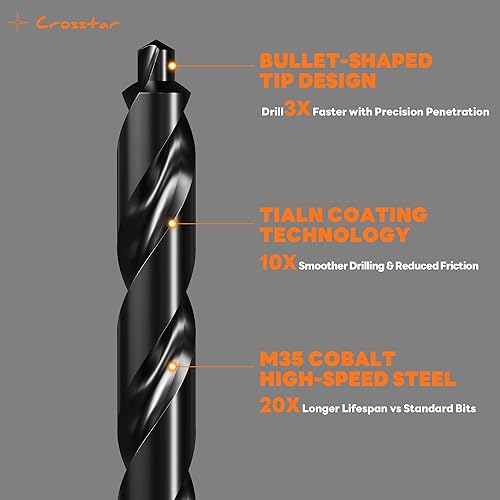 Miniatura 5 de Crosstar Juego de brocas de cobalto M35  21 brocas de metal autocentrantes recubiertas TiAlN de 116 a 12 pulgadas para acero endurecido fino, acero