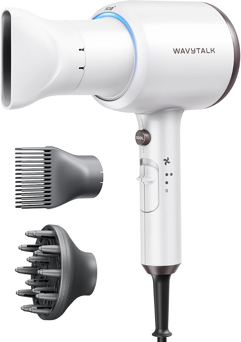 Secador de pelo iónico soplado con difusor para cabello rizado | Secado rápido de 1875 W, 3 accesorios para todo tipo de cabello, brillo saludable de cerámica, ligero y silencioso (blanco)