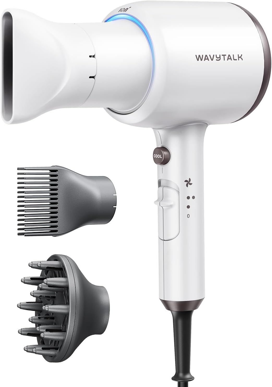 Ionic Hair Dryer for Curly Hair with Diffuser, 1875W Fast Drying Blow Dryer with Ceramic Technology, 3 Attachments for All Hair Types, Light and Quiet, White
