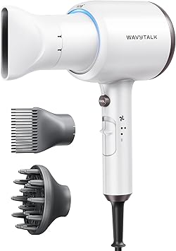 Wavytalk Hair Dryer, Blown Away Ionic Hair Dryer for Curly Hair with Diffuser, 1875W Fast Drying Blow Dryer with Ceramic Technology, 3 Attachments for All Hair Types, Light and Quiet, White