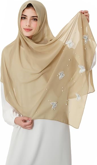 Muslim Prayer Hijab for Women Lightweight Pearl Chiffon Scarfs 3-D Butterfly Embroidery with Glitters Beads Islamic Hijab
