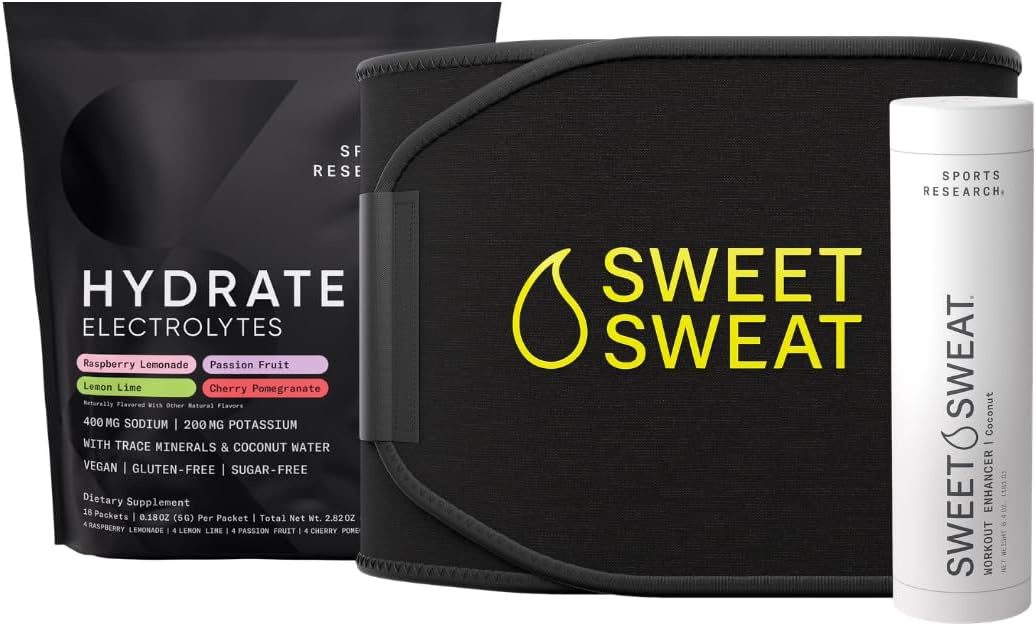 Sports Research Sweet Sweat Waist Trimmer Black/Yellow Logo (Size - Small), Hydrate Electrolytes Variety Pack and Coconut Scent Workout Enhancer Roll-On Gel Stick