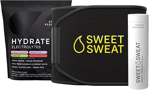 Sports Research® Sweet Sweat Waist Trimmer Black/Yellow Logo (Size - Medium), Hydrate Electrolytes Variety Pack and Coconut Scent Workout Enhancer Roll-On Gel Stick
