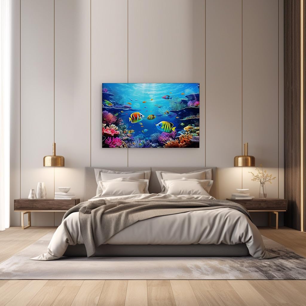 Canvas for Living room. Dive into a Kaleidoscope � Underwater Wonders Amidst the Living Coral Reefs, 27 x 18 inch Canvas Wall Art - Ready to Hang