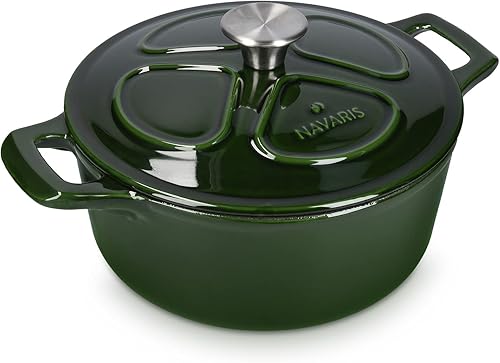 Navaris Horno holandés esmaltado, olla de hierro fundido de 3.7 cuartos de galón con tapa, utensilios de cocina esmaltados redondos de 9 12