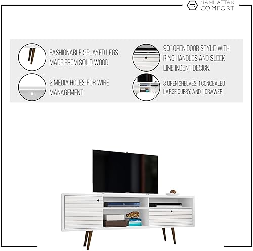 Miniatura 10 de Liberty Collection - Soporte de TV moderno de mediados de siglo con un armario y dos estantes abiertos con patas abiertas, Madera, Blancoimpresión