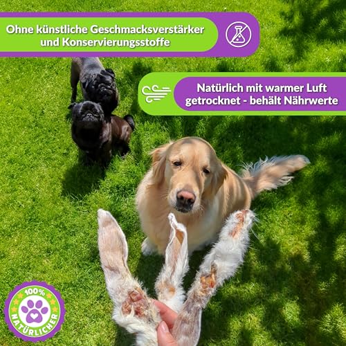 Naturbiss Hasenohren mit Fell für Hunde – 20 Stück - Barf Leckerli Hypoallergen Kausnack für Zahnpflege, Kaninchenohren 100% Natürlich - Welpen, Senioren – Trockenbarf für Hund
