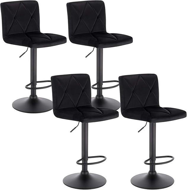 Lestarain 4 Sets Bar Stools Breakfast Dining Stools with Chrome Footrest and Base Swivel Gas Lift Elegant Flannel + Black Matte Simple Bar Stool,Black