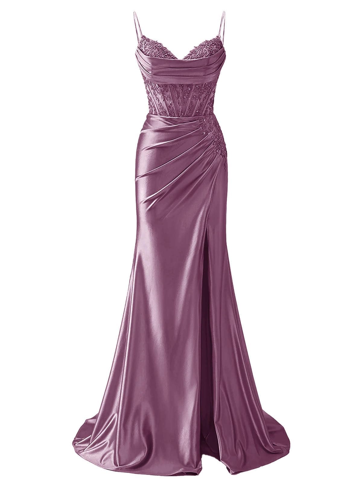 HPPEE Satin Wisteria Prom Dresses with Slit for Women V Neck Spaghetti Strap Formal Party Dress with Lace Applique UK8