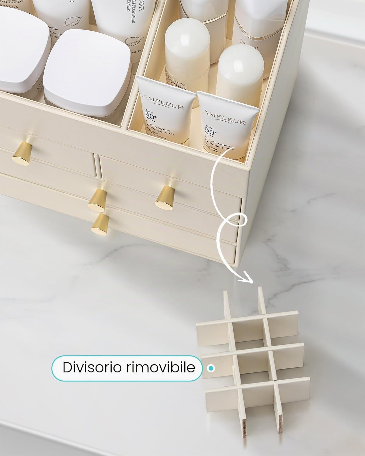 VLANDO Organizer per trucchi con 4 cassetti, grande organizer da tavolo da | Organizer per profumi, per la cura della pelle, accessorio da toeletta per rossetto, regalo, beige