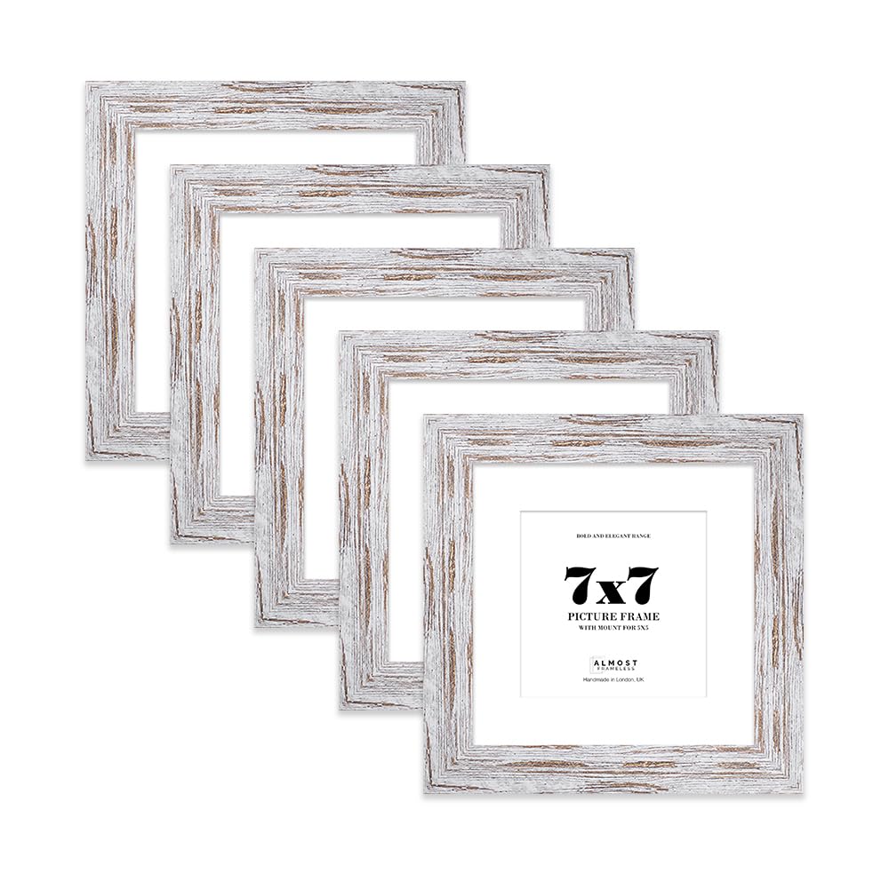 7x7" Distressed Wood Square Frame With Mount for 5x5" Pictures 28mm Edge Frame Display with Wall Hooks and Kickstand, 5 Pack