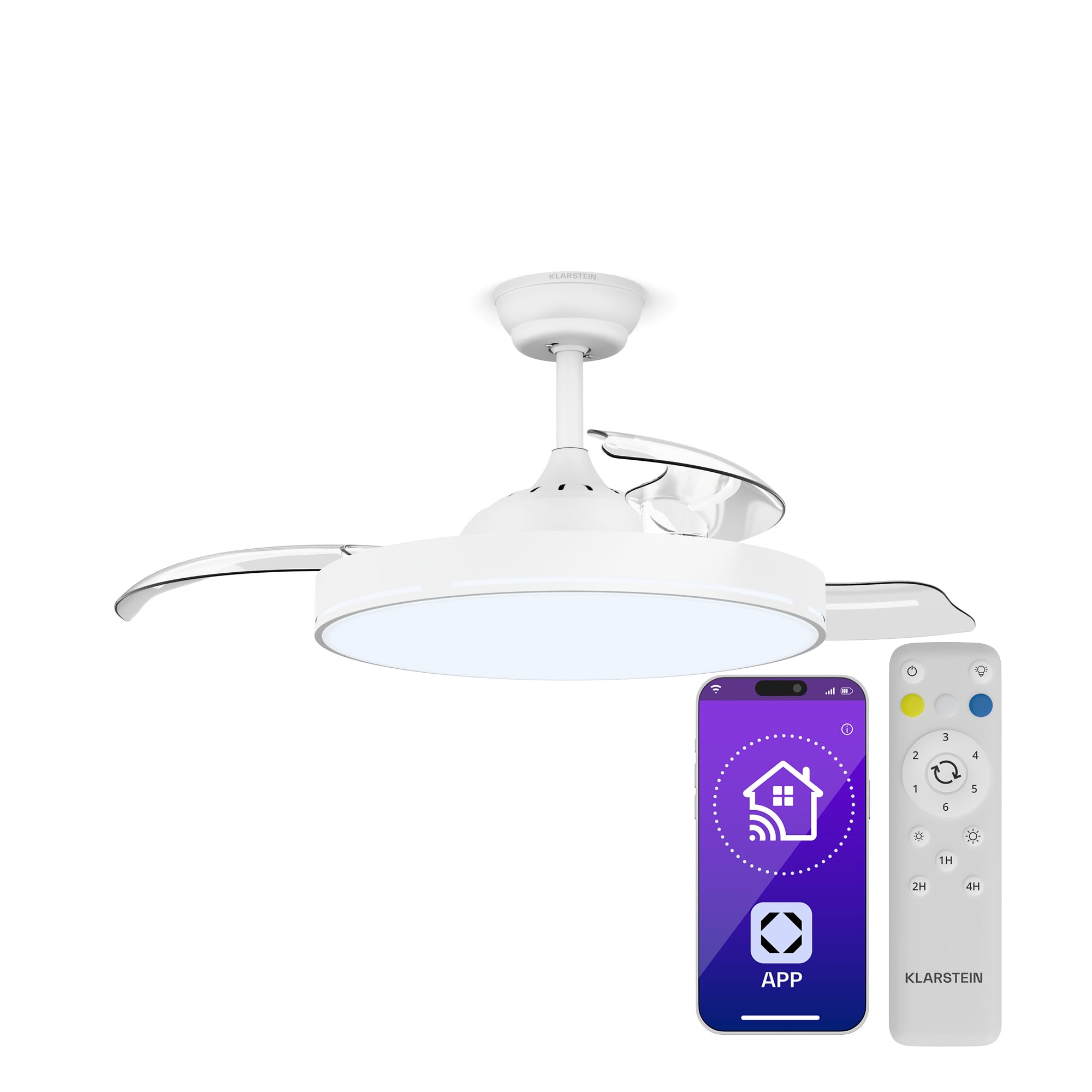 Klarstein AirFold Deckenventilator Mit Beleuchtung – Smart App Steuerung, Einziehbare Flügel, Dimmbares LED-Licht, Fernbedienung, Leise, 107cm, Weiß