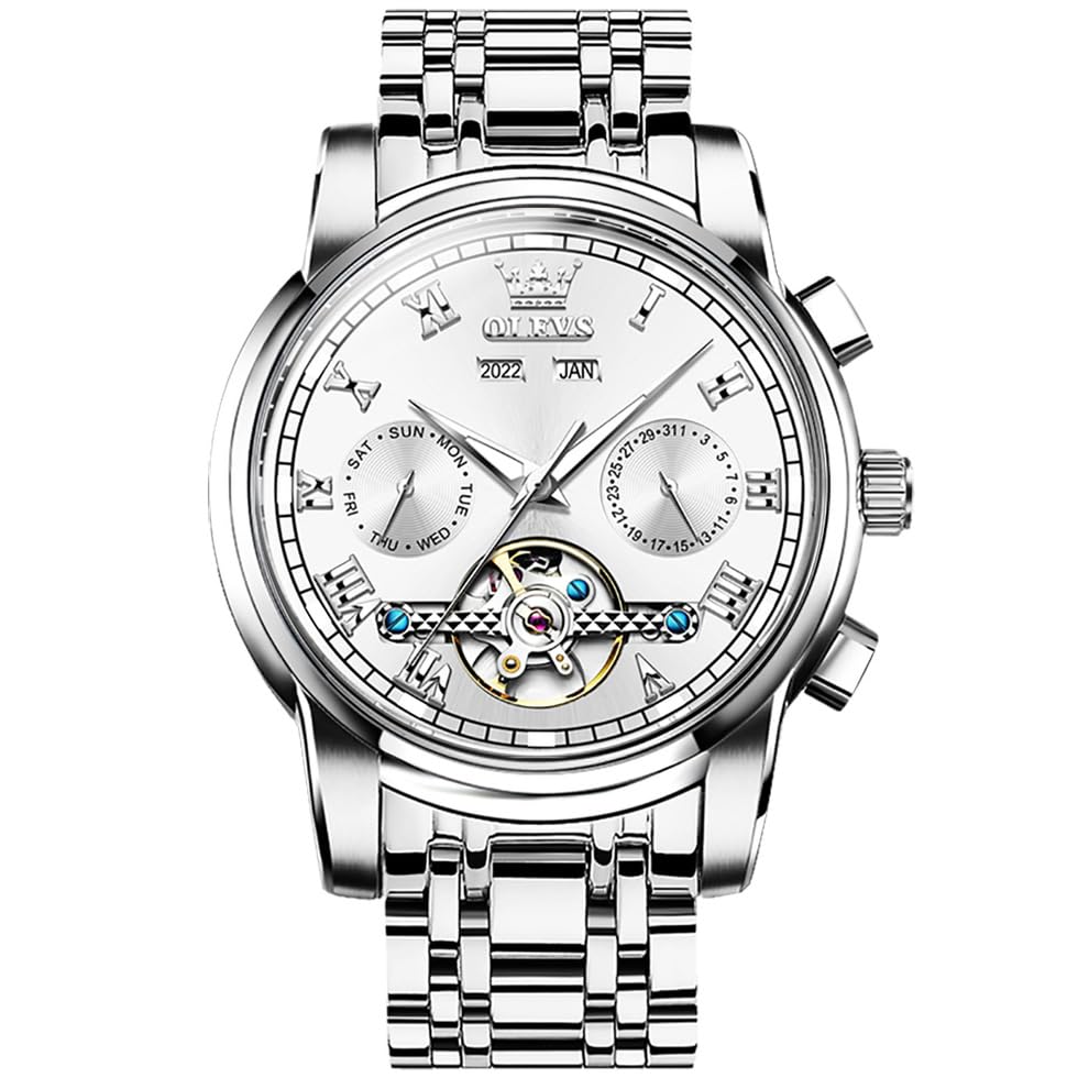 OLEVS Analog Watch For Men Automatic Silver Self Winding Mechanical Luxury Business Stainless Steel Multi Calendar Waterproof Luminous White (B0D4VDC2KL) Amazon Price History, Amazon Price Tracker