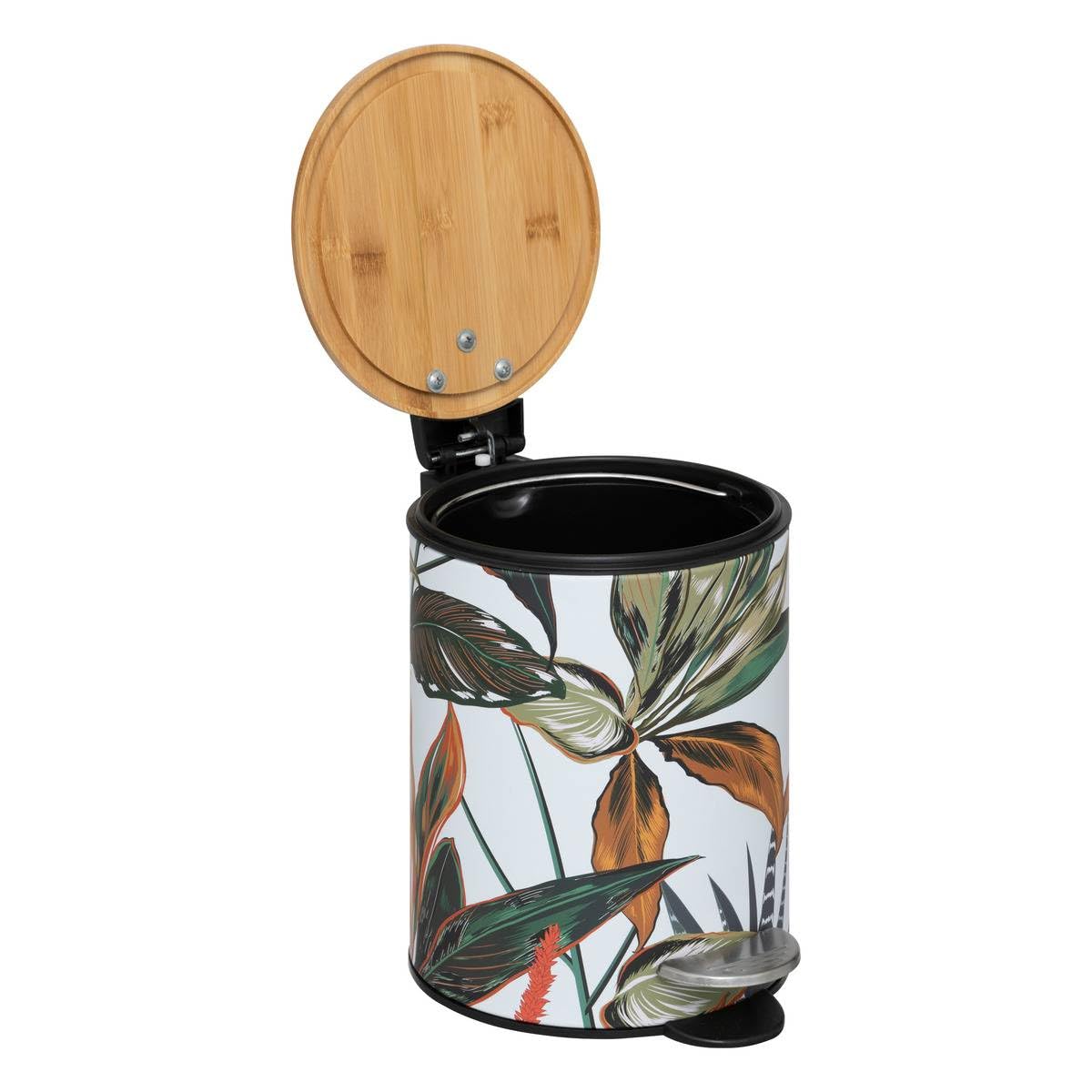 5five - Pattumiera a pedale Palawan 3L - Motivo tropicale in metallo, coperchio in bambù, chiusura ammortizzata - Per bagno e toilette