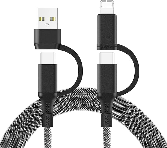 USB C Multi Fast Charging Cable PD 60W Nylon Braided Ultra-Durable Fast Charge Cord 4-in-1 3A USB/C to Type C/L-Phone Fast Sync Charger Adapter Compatible with Laptop/Tablet/Phone (3.3FT)