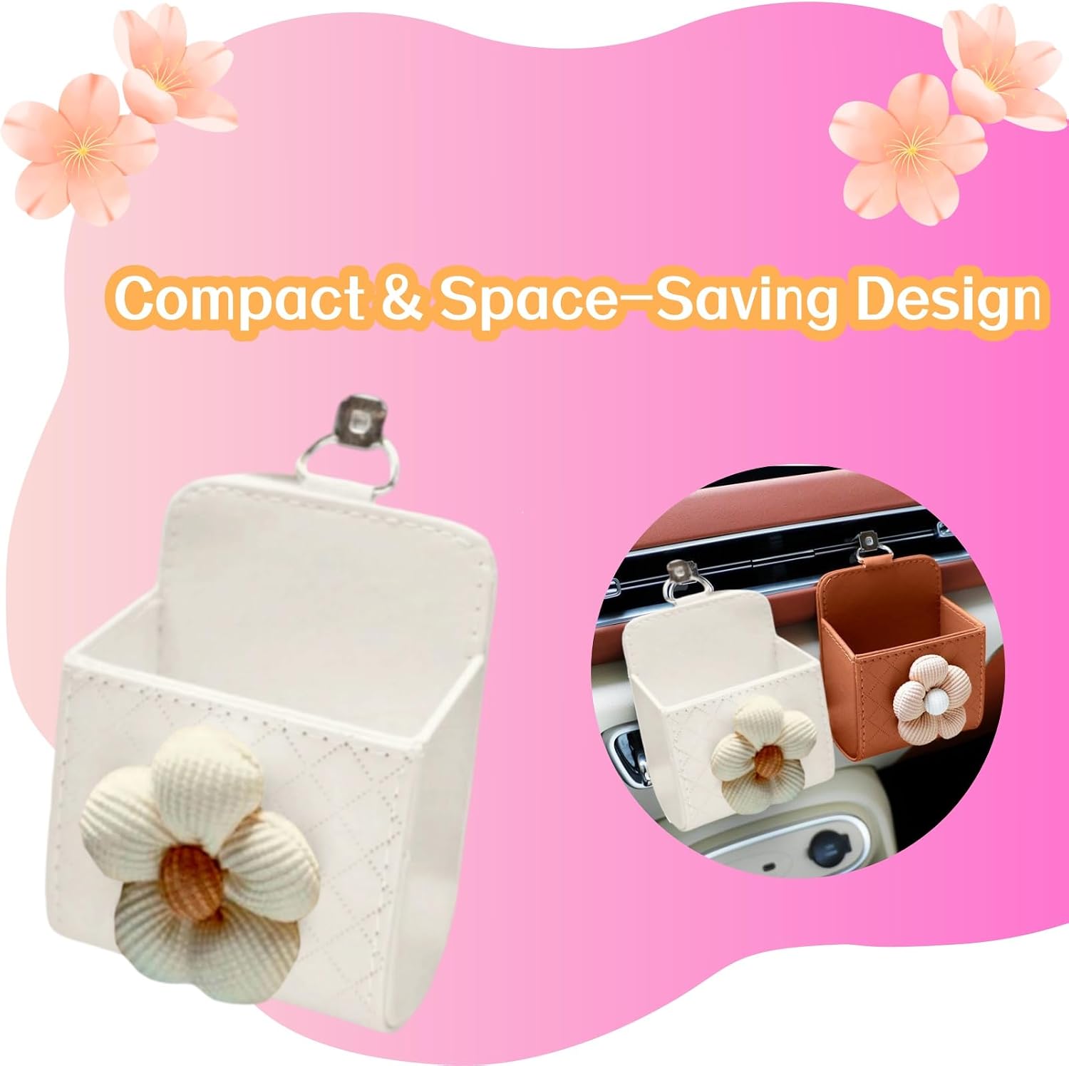 2PCS Car Air Outlet Storage Stylish Car Vent Storage Pocket with Floral Leather Organizer for Dashboard Air Vent Mounted Compact Pouch Box with Hook