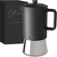 Steinzeit Design Espressokocher aus Keramik (300ml) - Espressokocher Induktion für alle Herdarten geeignet - Mokkakanne mit Edelstahl Basis und Keramik Kanne - Espressokocher Edelstahl